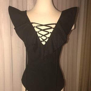 Beautiful Black Ruffle Tie Up V neck Bodysuit